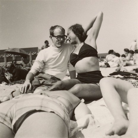 Andy Warhol and Corinne Kessler on a Fire Island beach, 1949