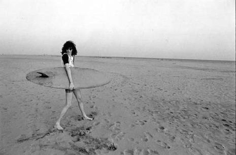 Joey Ramone and surfboard at the beach