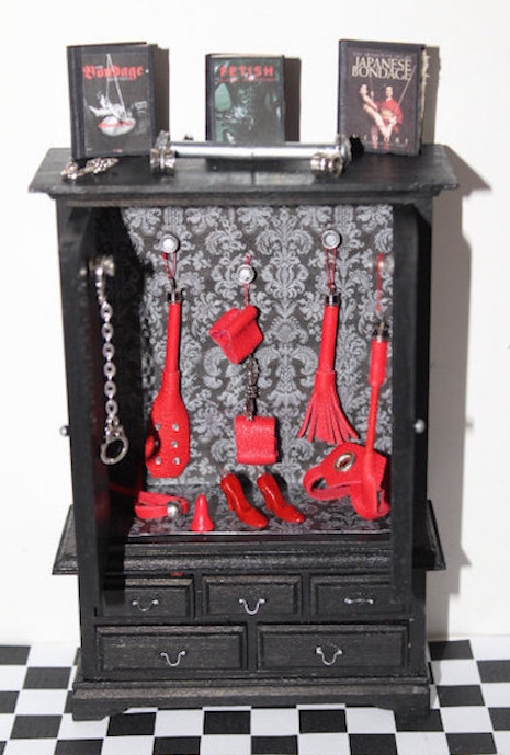 Miniature dollhouse BDSM cabinet with many accessories