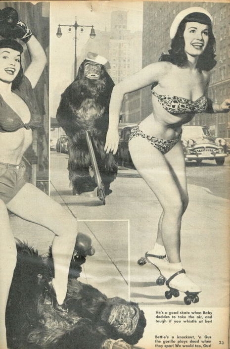 Bettie Page and Gus the Gorilla roller skating, mid-1950s