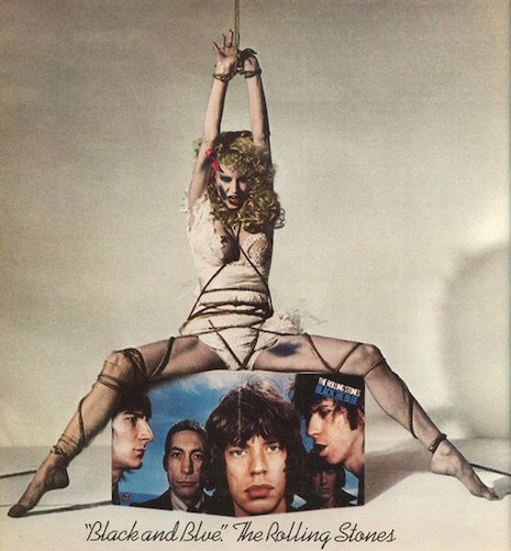 The bondage-themed print ad for The Rolling Stones record, Black and Blue, 1976