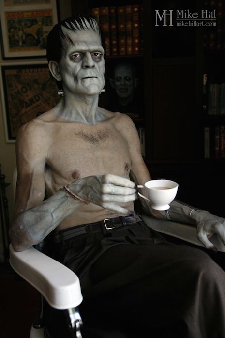 Life-sized sculpture of Boris Karloff in Jack Pierce's makeup chair