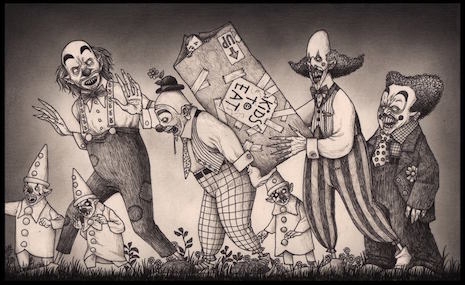 Clowning Around, an illustration done on a sticky note by John Kenn