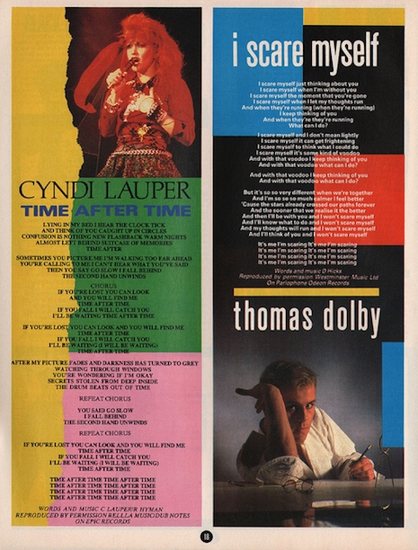 Cyndi Lauper and Thomas Dolby lyric sheets from Smash Hits March 29th, 1984