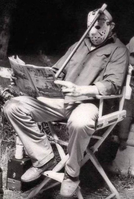 Actor Richard Brooker taking a break on the set of Friday the 13th Part III, 1982