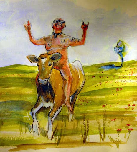 GG Allin riding a cow pastoral watercolor painting