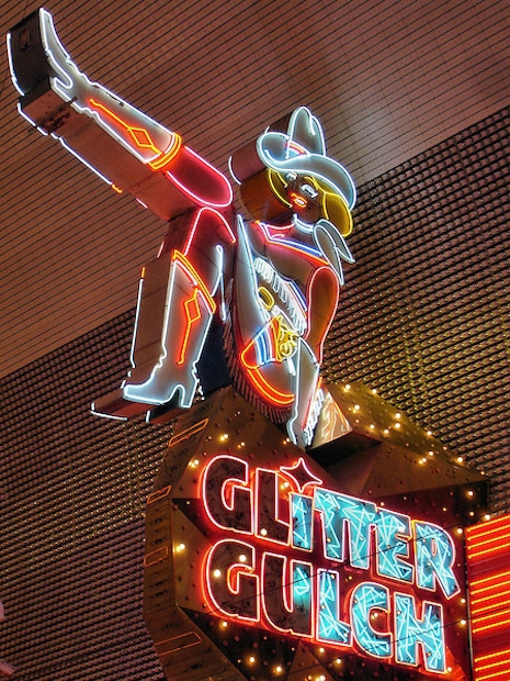 The iconic neon sign for Glitter Gulch in Las Vegas, Nevada