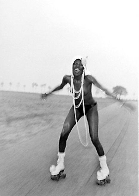 Grace Jones roller skating at Compo Beach, 1973
