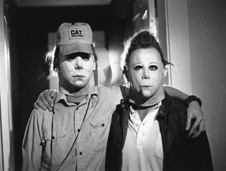 Two versions of slasher Michale Myers hanging out behind the scenes of the 1978 film by John Carpenter, Halloween