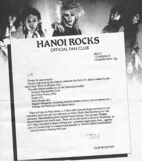 Hanoi Rocks fan club letter