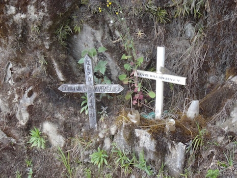Roadside markers on the Death Road in Bolivia