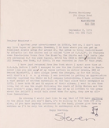 A letter from a young Morrissey about The New York Dolls and other punk bands, September 8th, 1976