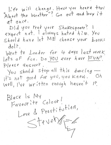Part of a letter from Morrissey to his pen pal, Robert Mackie