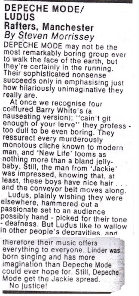Morrissey's reivew of a live Depeche Mode show from the Record Mirror, August 22nd, 1980