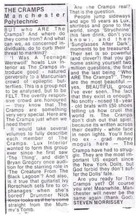 A review of a live Cramps gig at Manchester Polytechnic that appeared in Record Mirror on April 4th, 1980