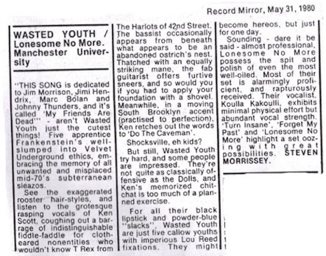 Morrissey's review of a live show by Wasted Youth that appeared in the Record Mirror on May 31st, 1980
