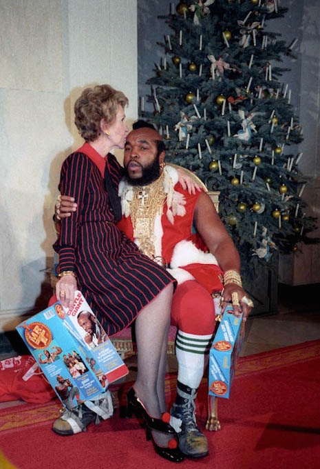 Nancy Reagan and Mr. T at the White House during Christmas time, 1983