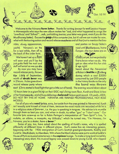 Nirvana fan club letter, 1991