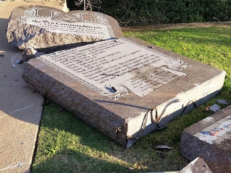 Smashed up Ten Commandments statue in Oklahoma