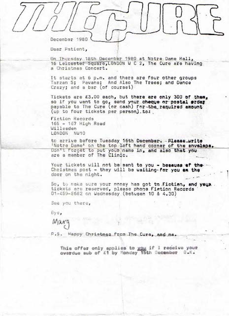A letter from The Cure to their fan club offering  tickets to their Christmas show at Notre Dame show in London in December of 1980
