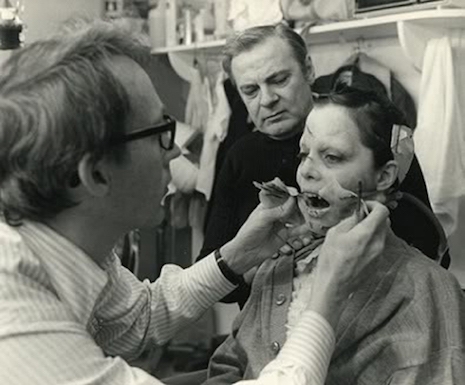 Actress Linda Blair getting her makeup done on the set of the 1973 film, The Exorcist
