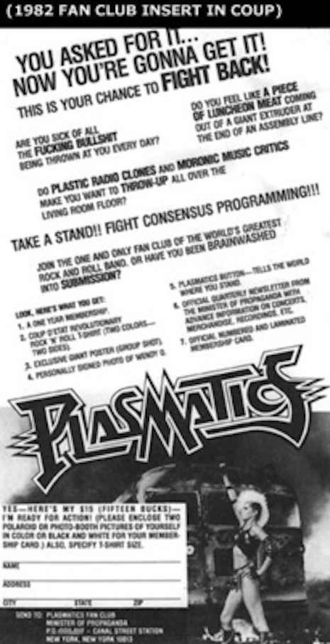 The Plasmatics fan club mailer
