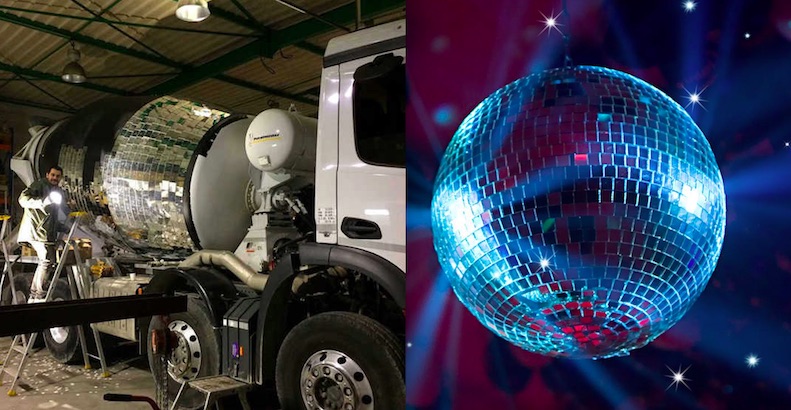 Artist makes giant mirrored disco ball with a cement truck