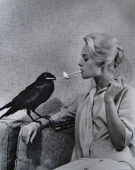 A helpful crow lights Tippi Hedren’s cigarette, 1963