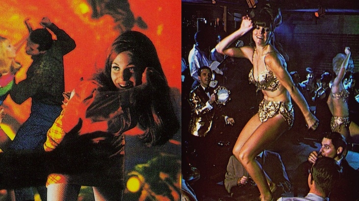 Vintage postcards featuring go-go dancers, beach parties and swinging sixties nightclubs