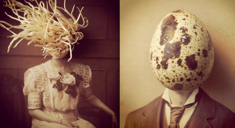 Strange, surreal portraits made from found photographs, food, insects and everyday objects