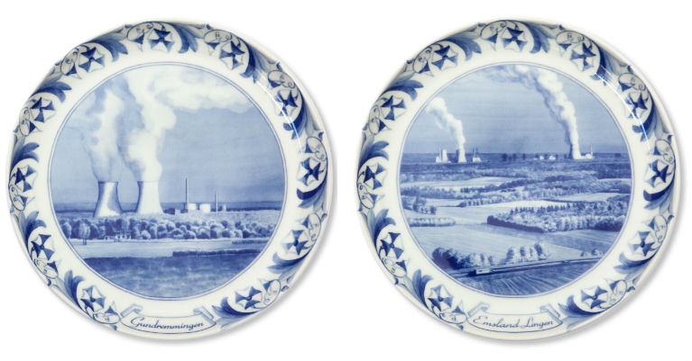 Collectible porcelain plates with nuclear reactors on them