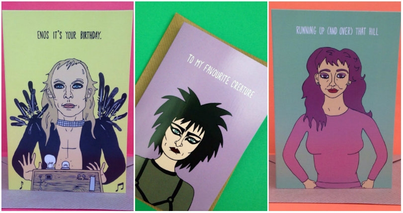 Amusing Brian Eno, Siouxsie Sioux, Nick Cave, Kate Bush (& more) cartoon greeting cards!