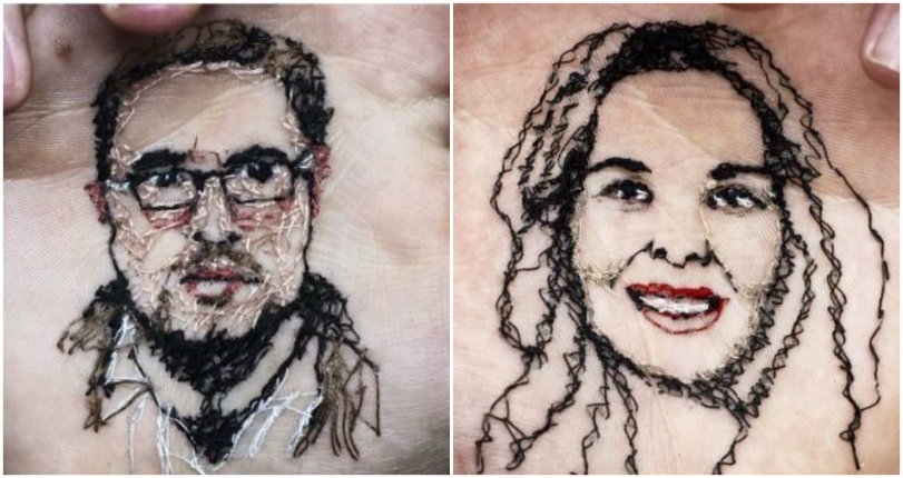 Artist embroiderers the palm of his hand with images of people he loves