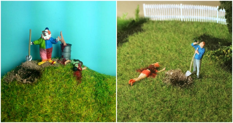 Diabolical dioramas depict murderous clowns, tiny cannibals and their unfortunate victims