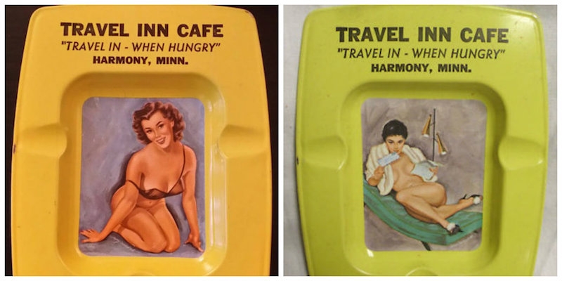 Cheeky vintage ashtrays featuring nude ladies and racy pinup models