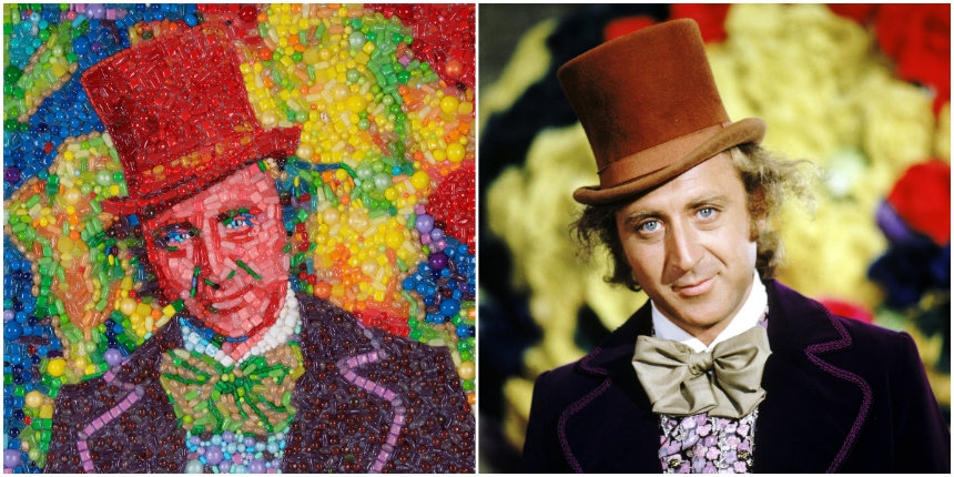 Pure Imagination: Gene Wilder tribute portrait as Willy Wonka made entirely out of candy