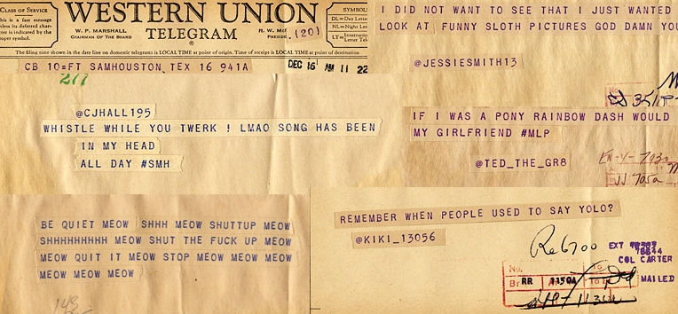 Random tweets reformatted as Western Union telegrams