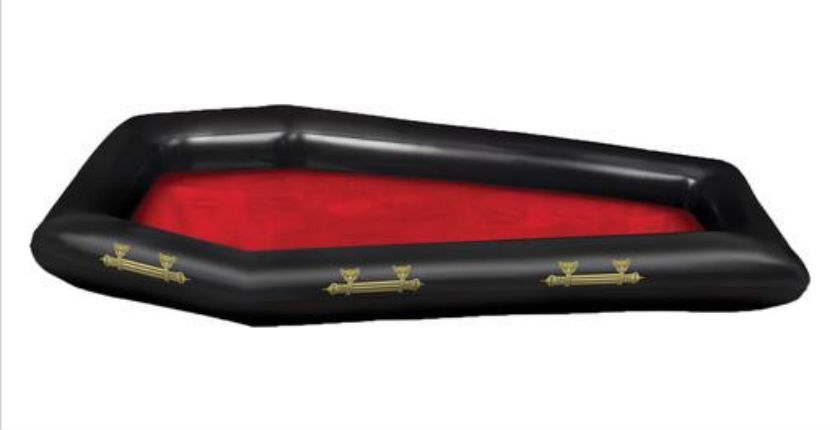 Inflatable coffin float for all your goth pool party needs