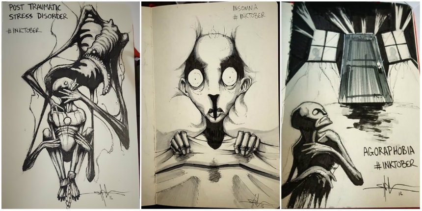 Artist sketches haunting illustrations of mental illness & emotional disorders every day of October