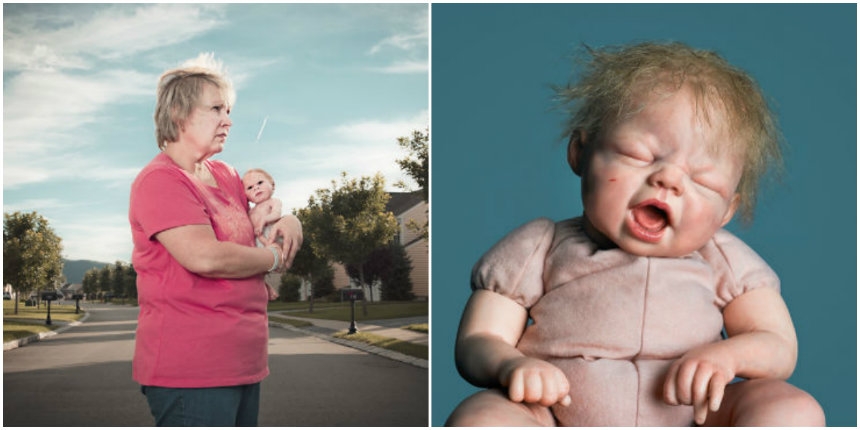 Photographs of hyper-realistic dolls and their mothers