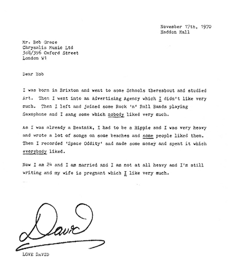 Davie Bowie's letter from 1970 to Bob Grace of Chrysalis Music, the man who signed the then 24-year-old to a five-year record contract 