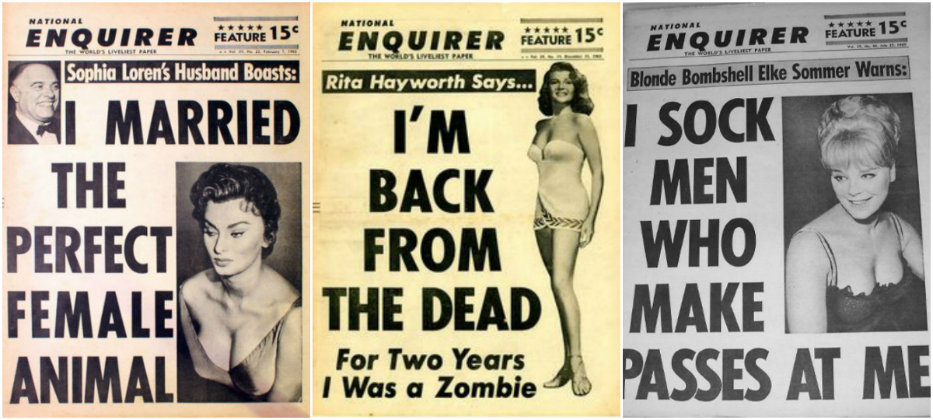 A collection of ridiculous celebrity National Enquirer covers, 1960s