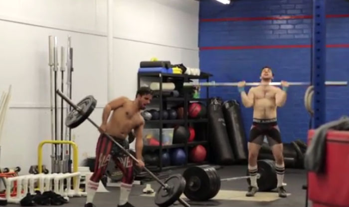 Manly men doing their CrossFit workout in tight little SLAYER pants