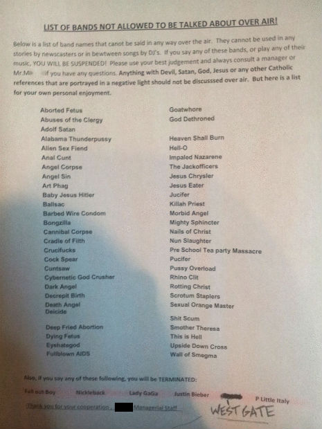 List of bands not allowed to be mentioned on Catholic school’s heavy metal radio show