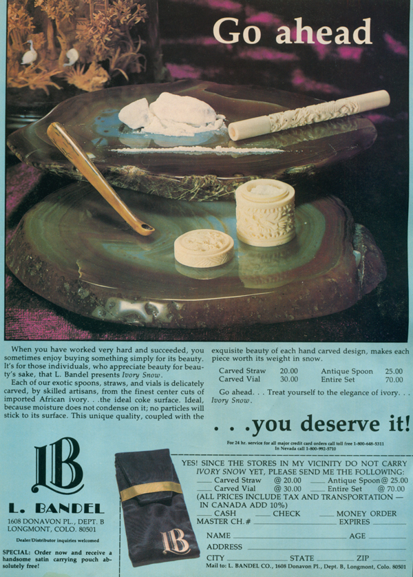 The 1970s, when cocaine accessories were made from the tusks of endangered species