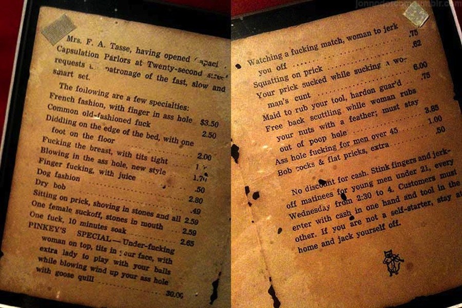 Brothel menu from 1912 is as naughty as it gets