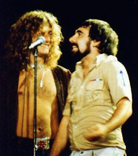 Keith Moon and Robert Plant on stage at the Forum in Los Angeles, June 23, 1977