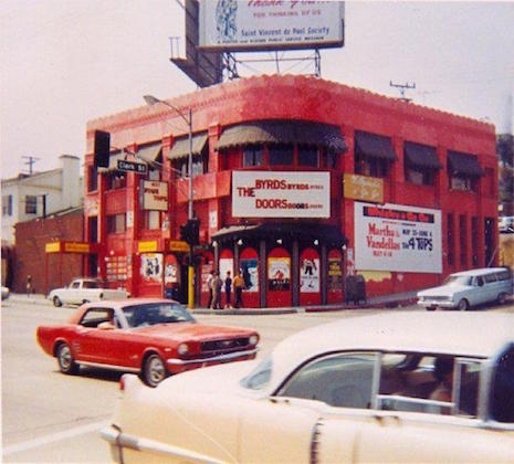 Shows by The Doors and The Byrds advertised on the Whisky A Go-Go marquee, 1966