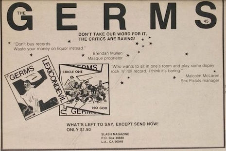 An ad from Slash Magazine for The Germs 1979 EP, Lexicon Devil