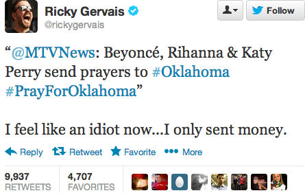 #PrayForOklahoma: Ricky Gervais feels like an idiot!